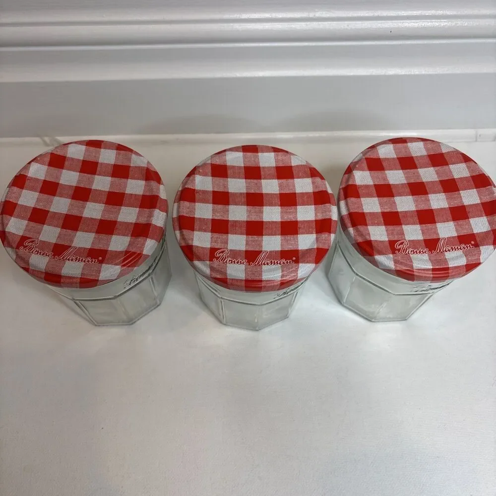 Lot of 3 Bonne Maman Empty Jam Jars 13 oz – Glass Storage w/ Gingham Lids 3.75
